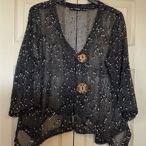 Nina Leonard Black Sequin Blouse with Wooden Buttons